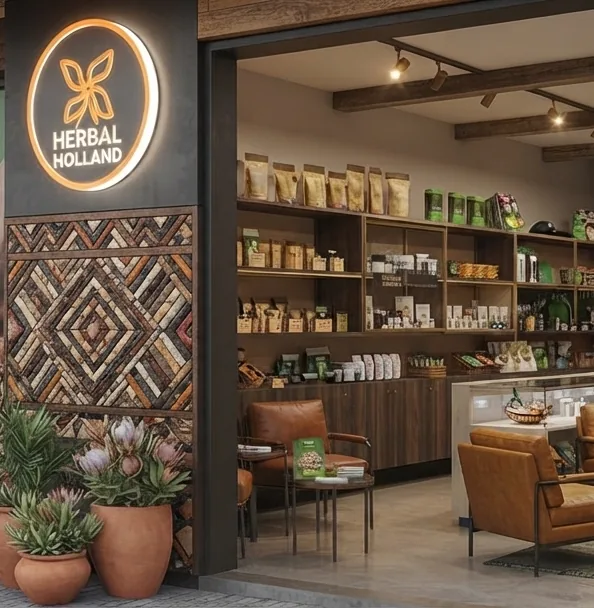 Store concept render: the round Herbal Holland sign lit above a mosaic panel in an African geometric pattern, proteas and aloes in terracotta pots, and through the open front, dark oak shelves, a glass counter and cognac leather armchairs.