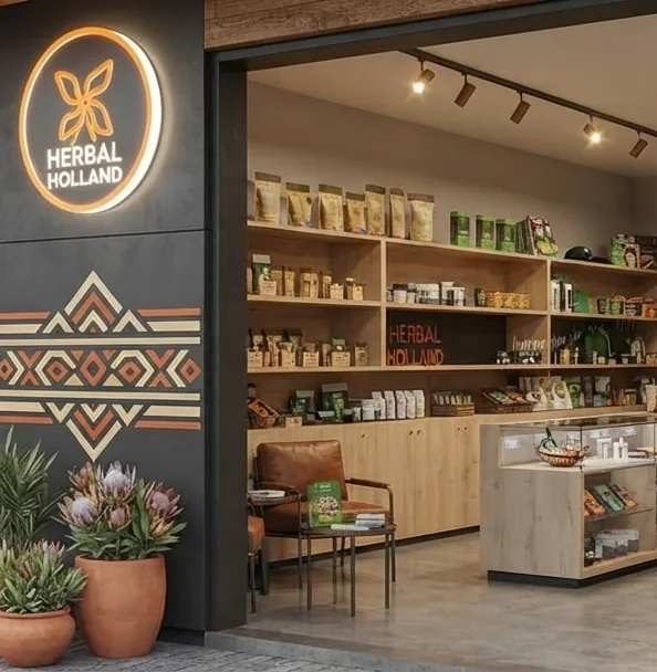 Store concept render: the round Herbal Holland sign above a panel of orange, cream and charcoal geometric bands, with light oak shelves under track lights, a leather chair and a glass display counter inside.